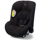 Black car seat with safety label on a white background
