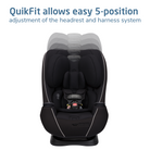 Black car seat with text about QuikFit system on a white background