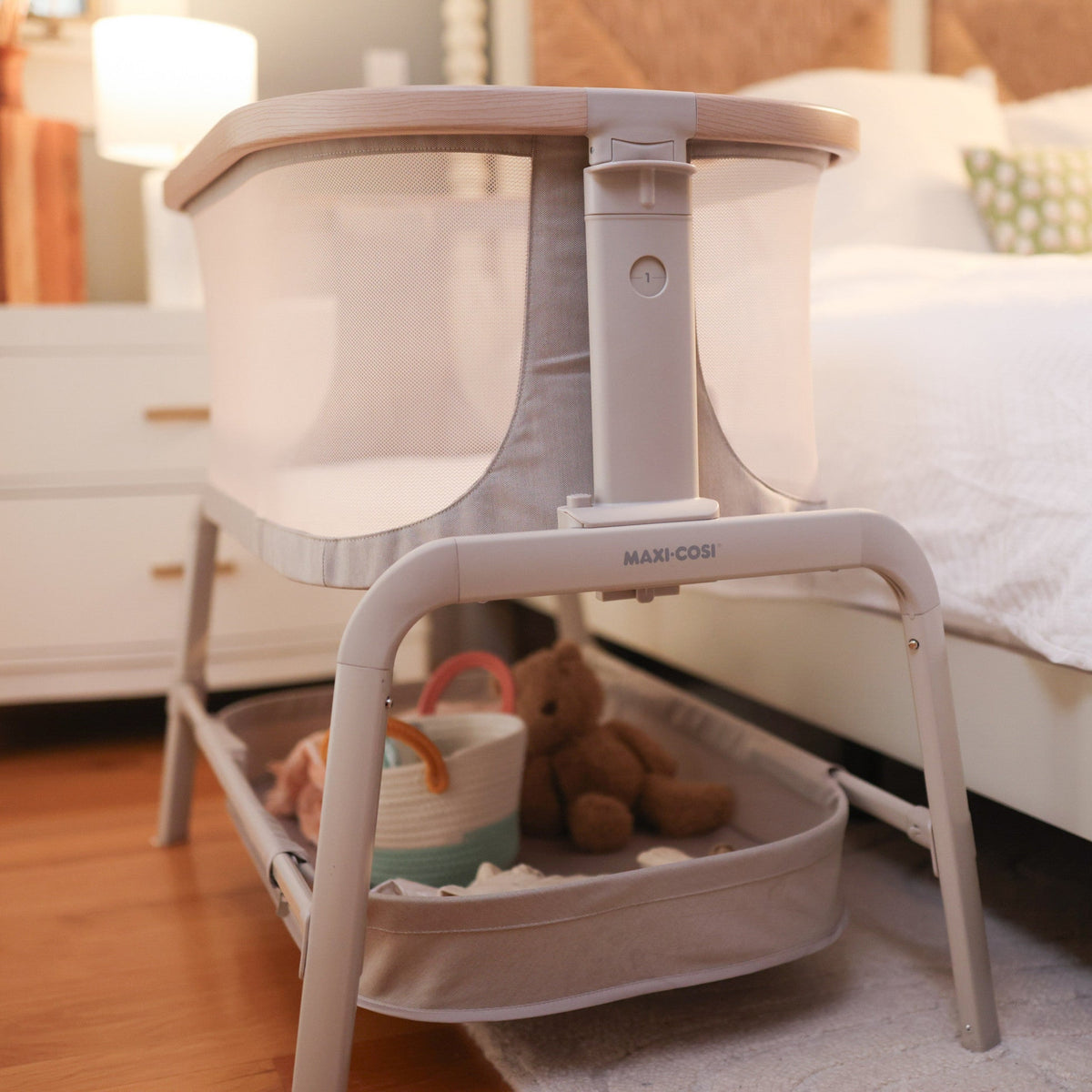 Iora Bedside Bassinet - featuring plenty of storage capacity in undercarriage