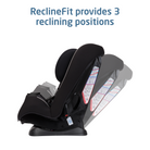 Black car seat with reclining positions on a white background