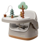 Modern 3-in-1 baby feeding booster floor seat & activity chair with toys in a neutral tone, shown on a clean white background.