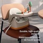 Child's feeding booster strapped to a chair, featuring high-quality materials and premium wood-effect accents that complement modern home décor.