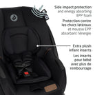 Integrated side-impact protection system on the car seat shell for enhanced infant safety during travel.