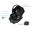 Mico™ Luxe Infant Car Seat - infographic: vegan leather grip; contoured, ergonomic handle; side impact protection; large, visible belt guides; removable infant inserts; PureCosi fabrics; ClimaFlow technology