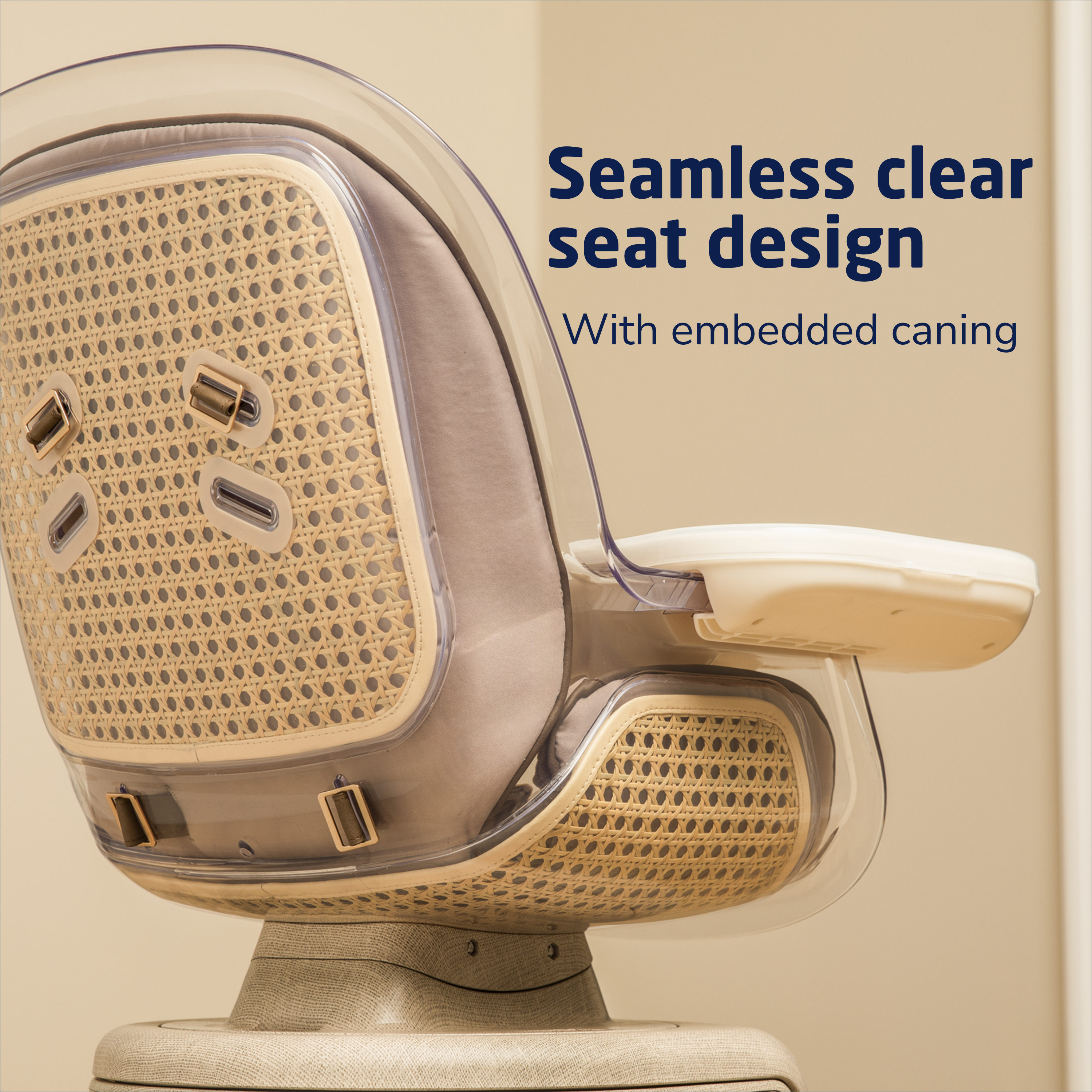 Kiskadee 360° Rotating High Chair - seamless clear seat design with embedded caning