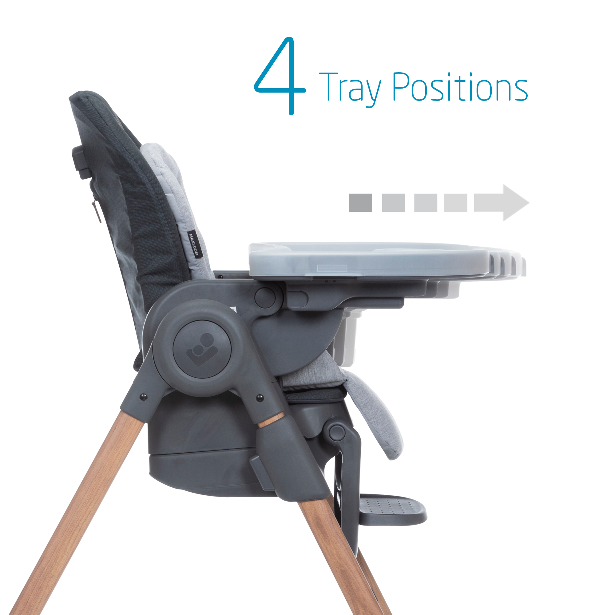 High chair with 4 tray positions.