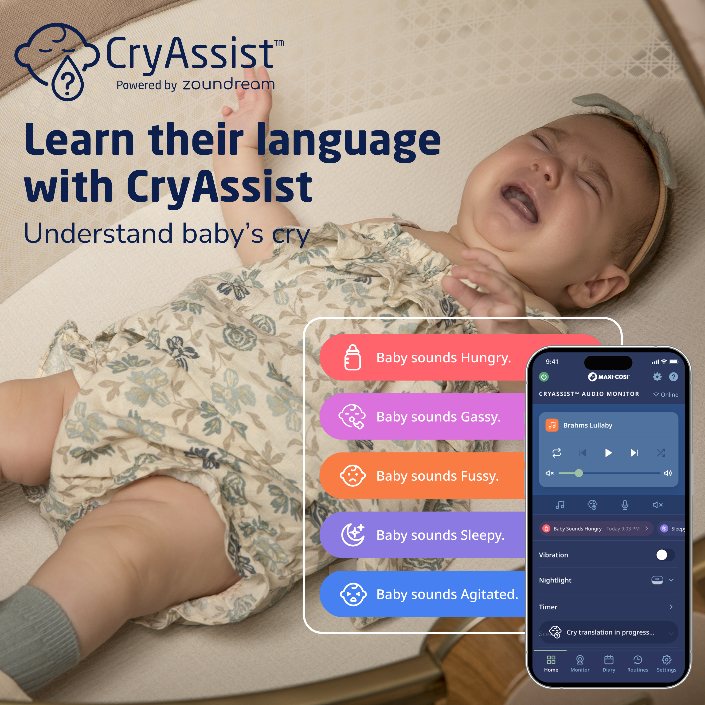 Sibia Bassinet - Natural Heritage - learn their language with CryAssist - understand baby's cry