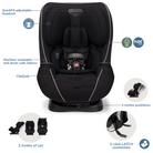 Black car seat with features labeled on a white background