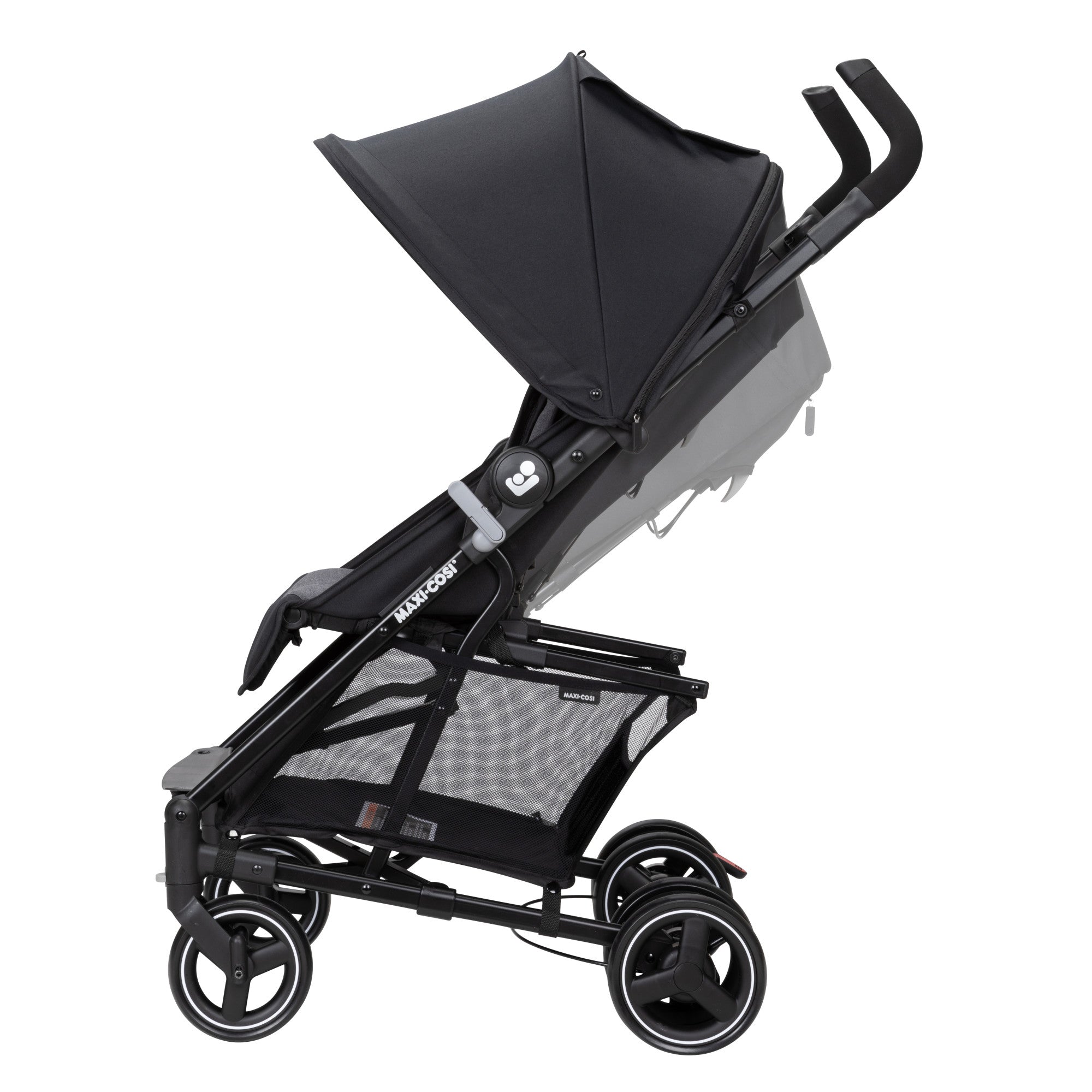 Side view of Maxi-Cosi stroller displaying recline positions