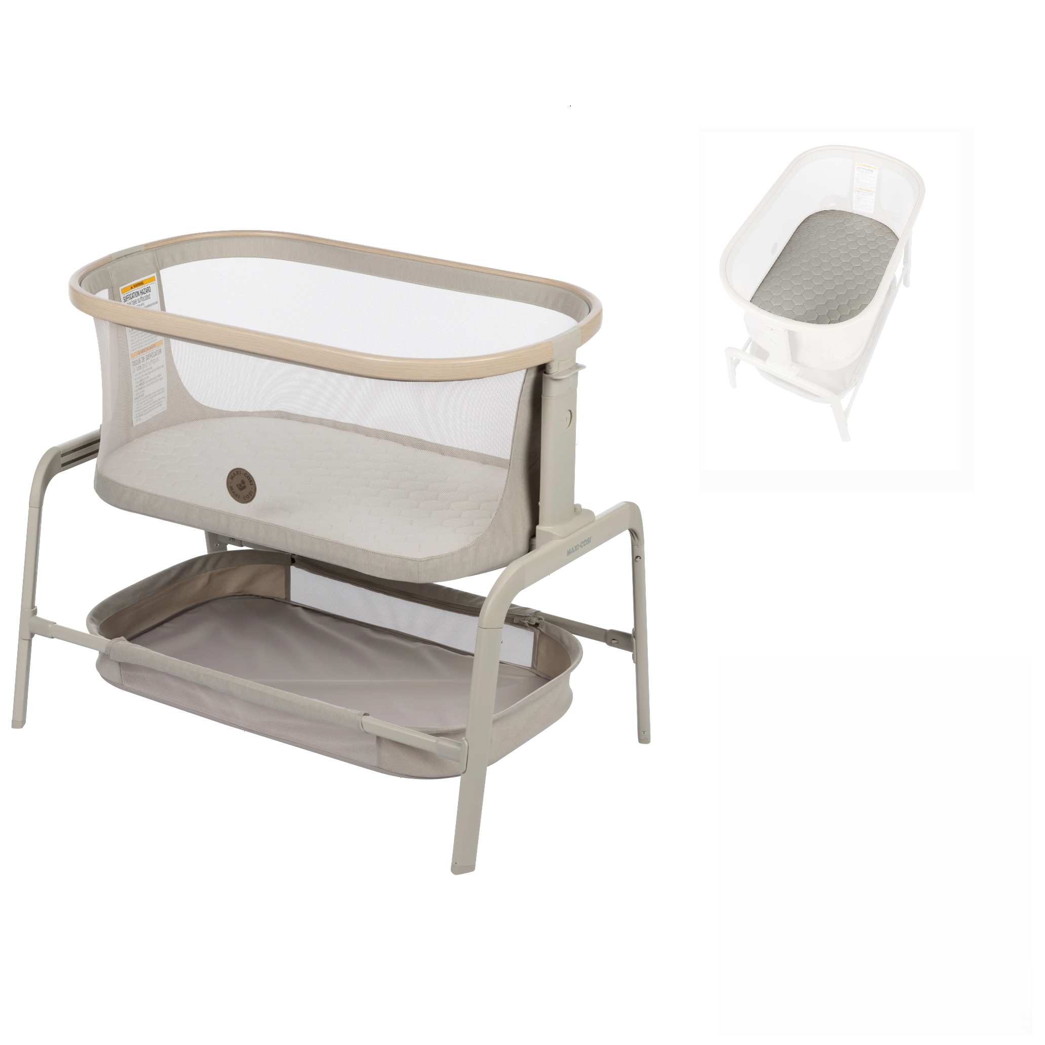Iora Bedside Bassinet in Classic Oat with Bonus Mattress and Cover Classic Graphite