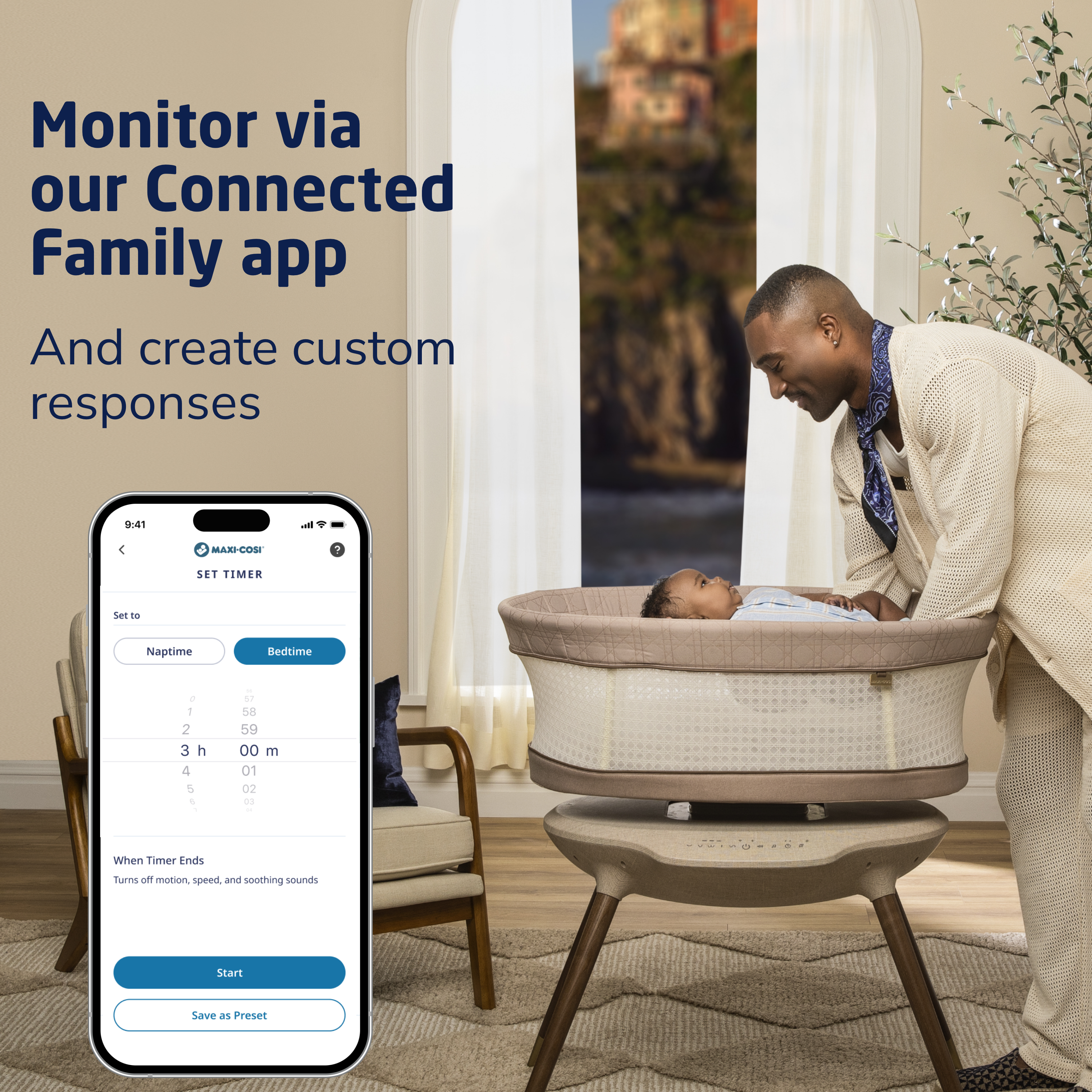 Starling Smart Bassinet - monitor via our Connected Family app and create custom responses