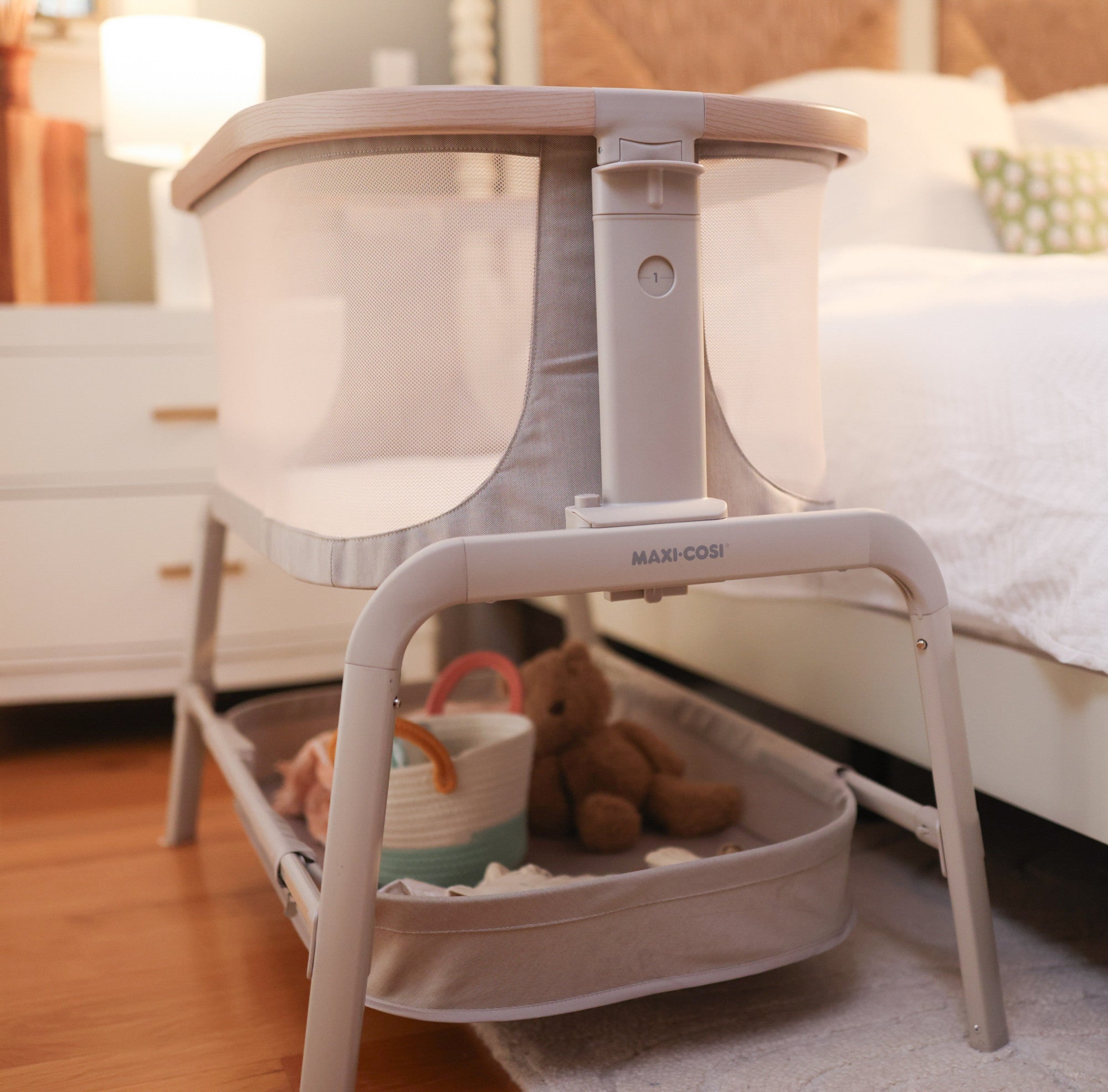 Iora Bedside Bassinet - featuring plenty of storage capacity in undercarriage