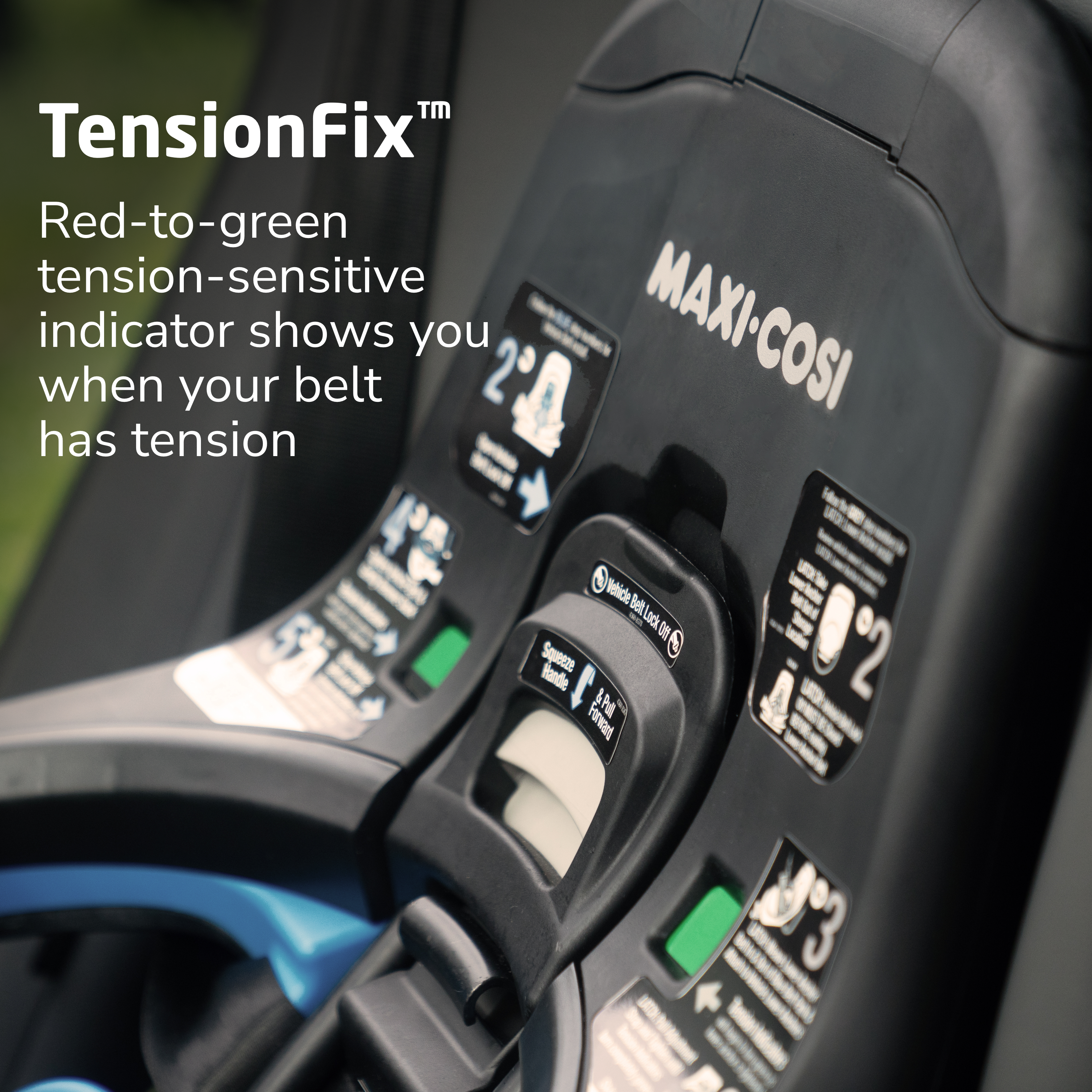 Peri™ 180° Rotating Infant Car Seat - TensionFix red-to-green tension-sensitive indicator shows you when your belt has tension