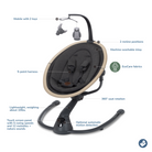 Cassia Swing - Classic Graphite - infographic: mobile with 2 toys, 2 recline positions, machine-washable inlay, EcoCare fabrics, 5-point harness, lightweight, weighing about 10 lbs., 360 degree seat rotation, touch screen panel with 5 swing speeds and 12 melodies + nature sounds, optional automatic motion detection