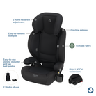 Black child safety seat with features highlighted on a white background